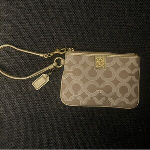 Coach Gold and Cream Signature Pattern Wristlet with Gold Hardware